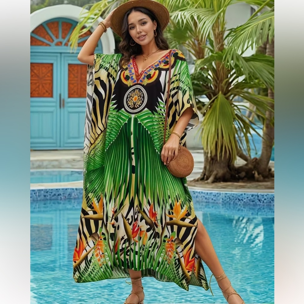 FREE SIZE Bird of Paradise Flower Tropical Print Maxi Dress